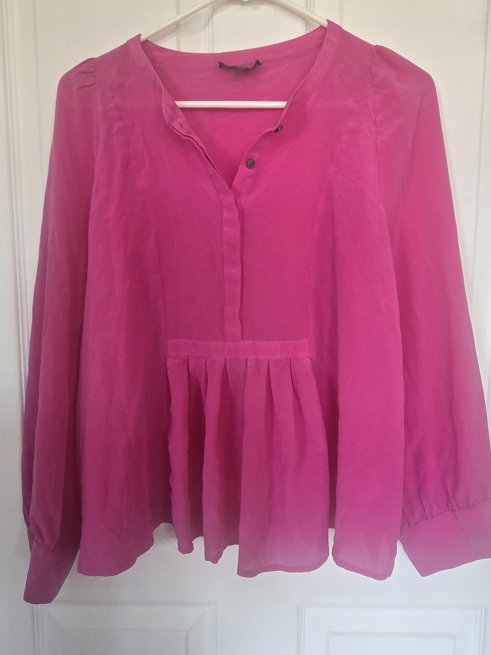 J. Crew Bright 100% Silk Fuchsia Long-Sleeve Peplum Blouse